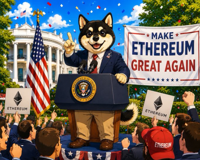 An illustrated Shiba Inu dog wearing a suit speaking at a presidential podium with White House and American flag in the background, alongside a 'MAKE ETHEREUM GREAT AGAIN' banner and Ethereum supporters.