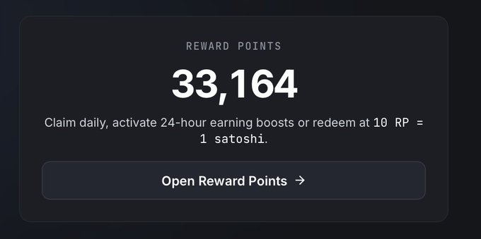 The image displays a "REWARD POINTS" dashboard showing a balance of 33,164 points, with instructions to claim daily, activate 24-hour earning boosts, or redeem at 10 RP = 1 satoshi, alongside an "Open Reward Points" button. It serves as a visual brag or comparison to the post "do you have more reward points than me?", inviting others to share whether they've accumulated more.