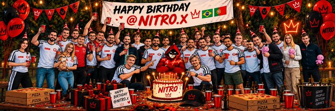 A birthday celebration banner reading 'HAPPY BIRTHDAY @NITRO.X' showing a large group of people in white jerseys with red Nitro logos, wearing party hats, gathered around a birthday cake and pizza boxes.