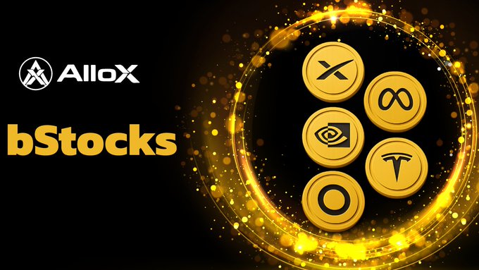 A promotional banner for bStocks on AlloX features gold coin icons representing popular stocks like Tesla (visible by the "T" logo), Nvidia, Meta, and Amazon, set against a sparkling golden circular background—visually reinforcing the announcement that bStocks trading is now available around the clock via AlloX, powered by PancakeSwap.