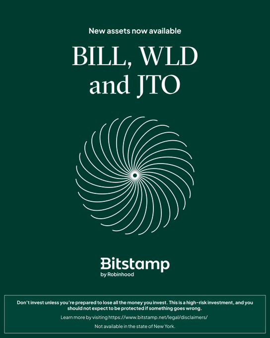 A Bitstamp by Robinhood promotional graphic on a dark green background announces "New assets now available: BILL, WLD and JTO," featuring a white spiral design, with a disclaimer at the bottom noting these high-risk investments are not available in New York. The image directly supports the announcement of Billions Network ($BILL), Worldcoin ($WLD), and Jito ($JTO) becoming tradable on the platform.