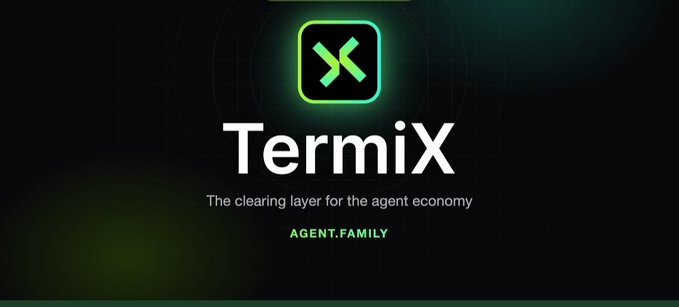 A logo screen displays 'TermiX - The clearing layer for the agent economy' with 'AGENT.FAMILY' underneath on a dark background.