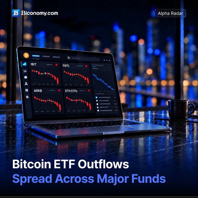 A graphic from Biconomy.com titled 'Bitcoin ETF Outflows Spread Across Major Funds' shows a laptop displaying declining charts for IBIT, FBTC, ARKB, and ETH ETFs.