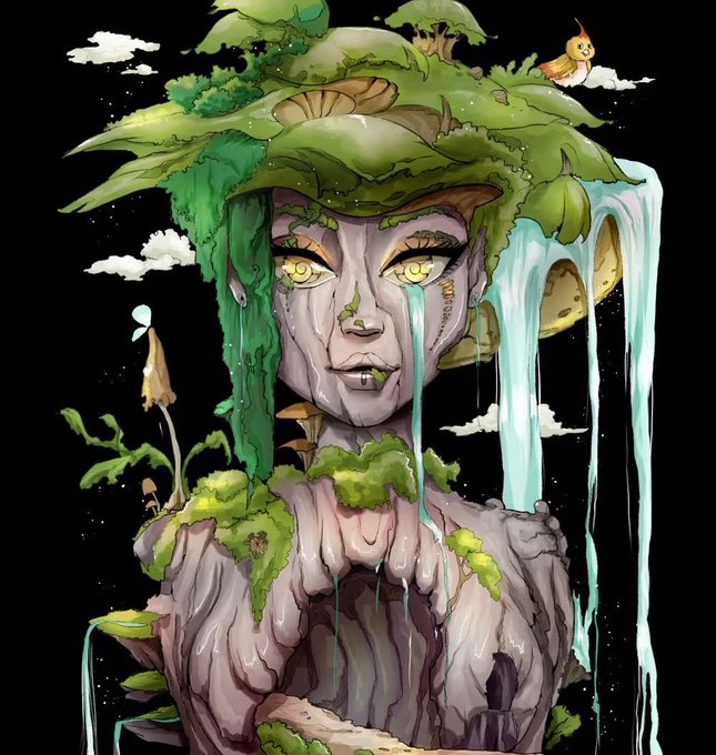 A surreal digital illustration depicts a female figure composed of stone, moss, and waterfalls, with yellow eyes crying streams of water, set against a starry black sky with a small bird perched above.