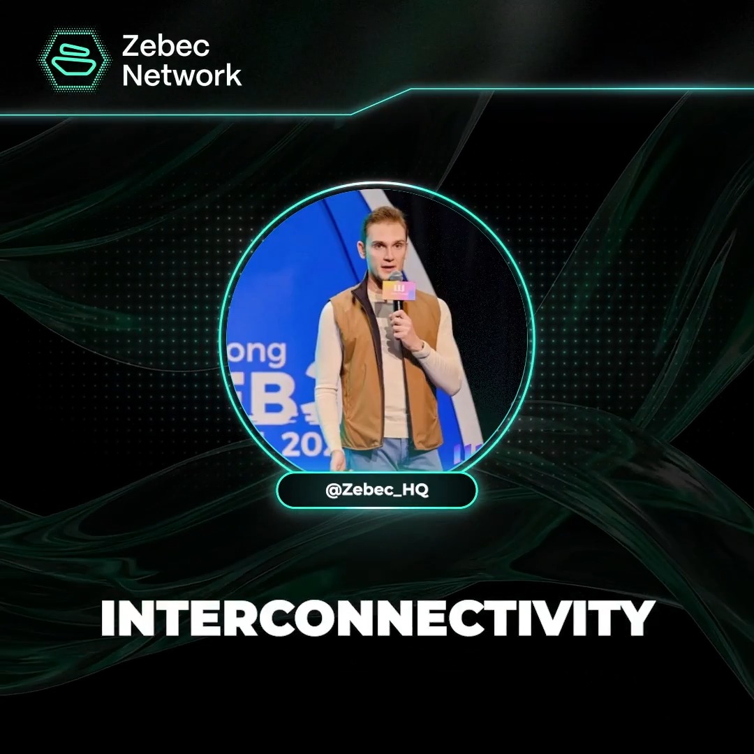 A Zebec Network promotional graphic featuring a circular portrait of a speaker holding a microphone (likely from a Web3/web5 event), labeled "@Zebec_HQ," with the headline "INTERCONNECTIVITY" displayed against a dark teal wave-patterned background. The image visually reinforces the post's message about Zebec serving as a unified infrastructure layer for onchain business financial operations, tying the theme of connectivity to the company's broader mission.