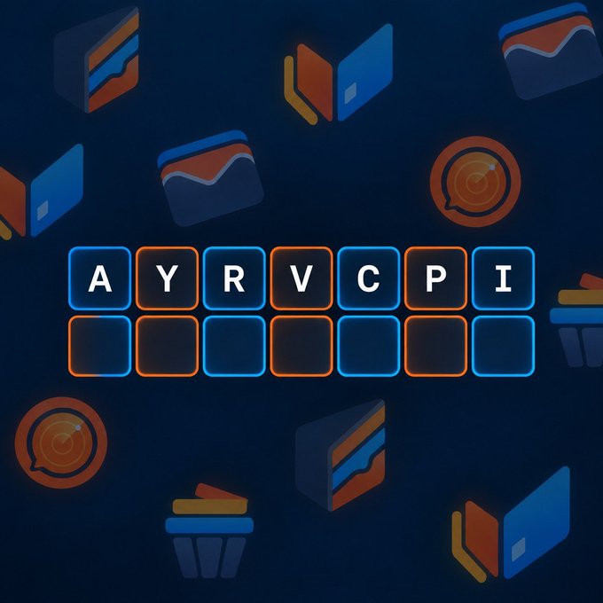 A dark blue screen displays a seven-letter puzzle or cipher showing 'A Y R V C P I' in illuminated boxes, surrounded by floating icons of credit cards, shopping baskets, and speech bubbles.