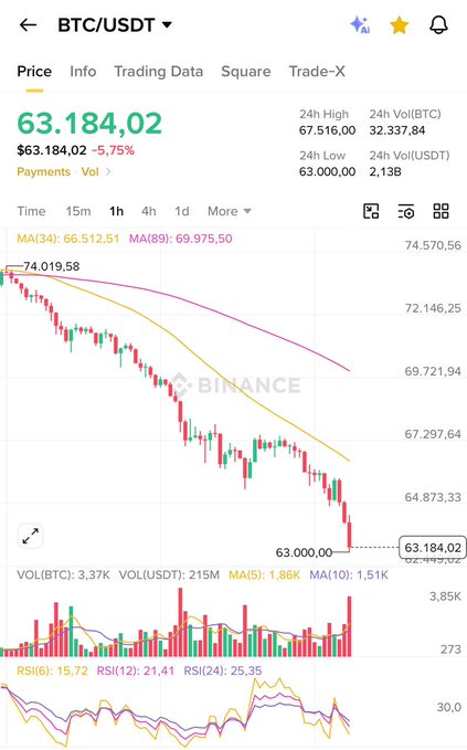 The image shows a smartphone screen with a cryptocurrency chart displayed, showing different values for Bitcoin (BTC) over time. The text above the chart indicates that there's a price increase of $1.1b wiping out the previous high of $6.91k and that it is currently at $63,848.52, which means this is the first real pain since I started holding in 2021 as the chart reflects. The post also mentions several types of currency exchange rates, such as US dollar, Euro, Japanese yen, pound, and Malaysian ringgit, along with the names of various exchanges like Eftx, BinanceUSDT, Mturk, and many more.