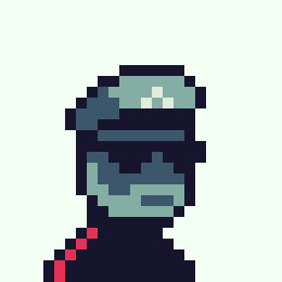 A pixel art portrait of a person wearing a helmet with a dark visor and a dark collared outfit.