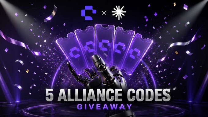 A promotional graphic for a crypto giveaway featuring a robotic hand holding five glowing purple digital cards, with text reading "5 ALLIANCE CODES GIVEAWAY" beneath the Axis and BitRobot logos.

The image relates to the post by announcing the winners of the 5 Alliance Codes giveaway collaboration between Axis and BitRobot that was previously promoted.