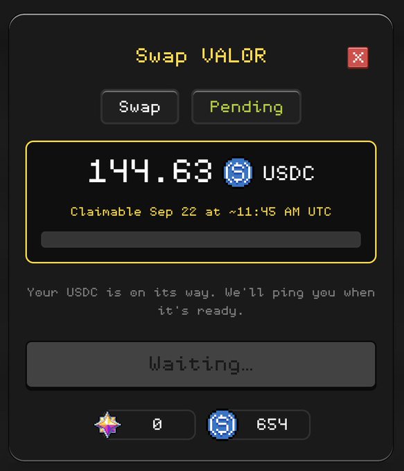 A 'Swap VALOR' interface shows a pending transaction of 144.63 USDC, claimable Sep 22 at ~11:45 AM UTC, with the status 'Waiting...'