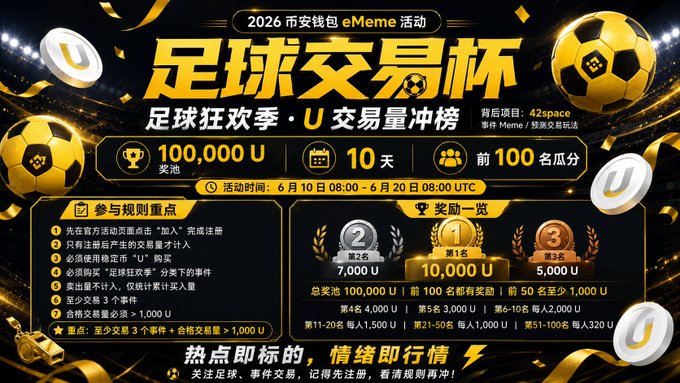 The image features a poster for a soccer event or competition with gold and yellow colors. The poster includes various soccer balls scattered around the scene, as well as text written in Chinese that translates to "2026 Meme / U @42 space". This suggests that the poster is promoting an event related to soccer, possibly a tournament or a sports-themed gathering.

The poster also contains information about the event, including details such as the date and time of the event, the number of participants, and the prizes available for winning. The presence of these elements indicates that this event is likely organized by a sports organization or a company with an interest in soccer.