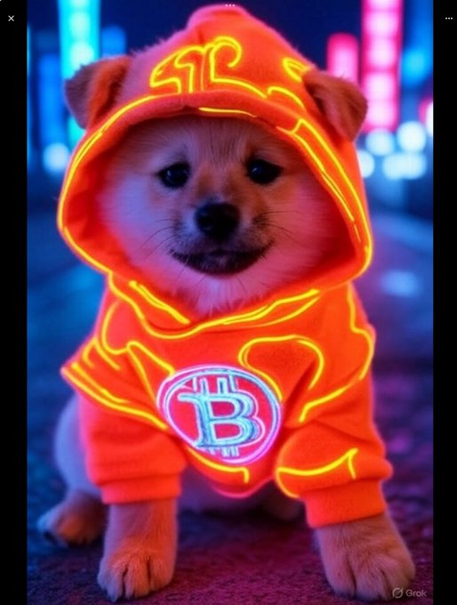 A small fluffy dog, possibly a Pomeranian, wearing a bright orange hoodie with glowing yellow neon-like line details and a stylized 'B' logo on the chest, set against a blurred neon city background.