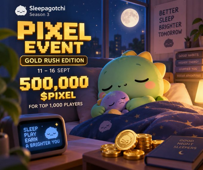 A promotional graphic for the Sleepagotchi Season 3 'Pixel Event Gold Rush Edition' running 11-16 September, featuring a cute green character sleeping in bed with 500,000 $PIXEL available for the top 1,000 players.