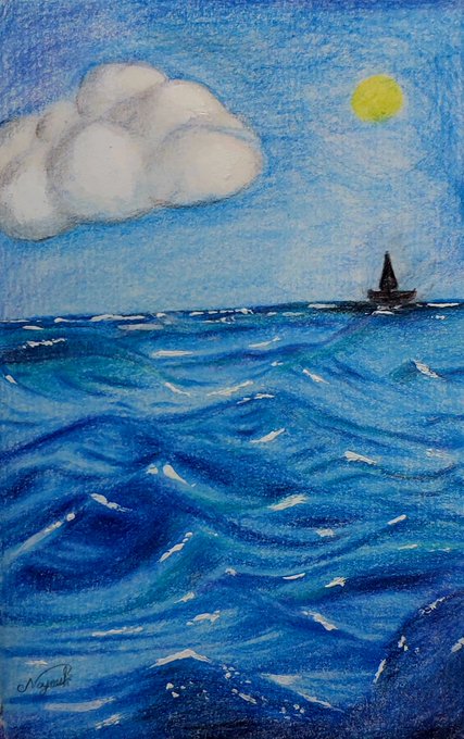A pastel and colored pencil artwork depicting a seascape with a single sailboat, rolling blue waves, a large white cloud, and a yellow sun in the upper right.