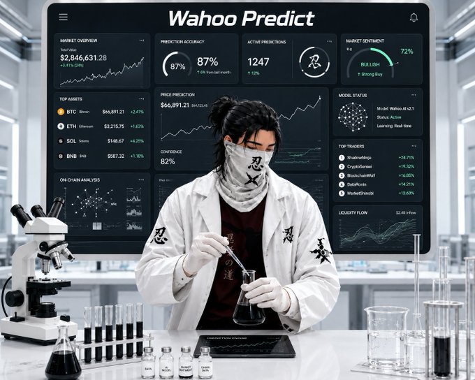 An AI-generated image depicting a person in a lab coat and face mask working with beakers in a laboratory, set against a large dashboard titled 'Wahoo Predict' displaying crypto market data like BTC and ETH.