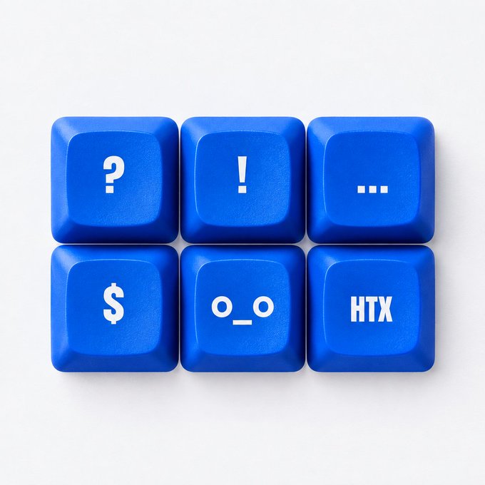 A 3D render of six blue keyboard keycaps displaying trading-themed punctuation: "?", "!", "...", "$", "o_o", and "HTX," serving as a visual poll for HTX Punctuation Day where users identify their trading personality.