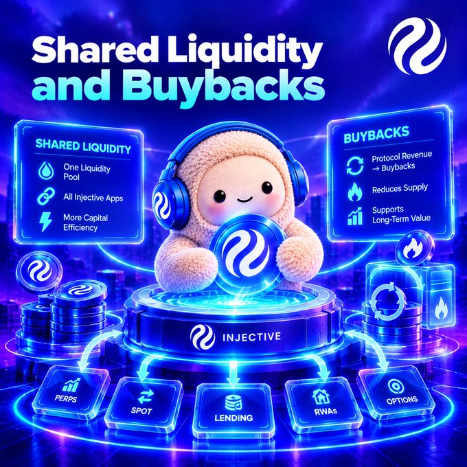 A digital promotional graphic for Injective titled 'Shared Liquidity and Buybacks,' featuring a cartoon mascot with headphones surrounded by glowing blue UI elements detailing PERPS, SPOT, LENDING, RWAs, and OPTIONS.