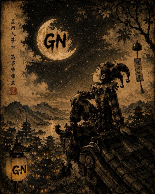 A sepia-toned, vintage-style illustration of a jester sitting on a rooftop, looking up at a large moon displaying the letters "GN," with Japanese text on the left and a lantern also marked "GN" hanging nearby.