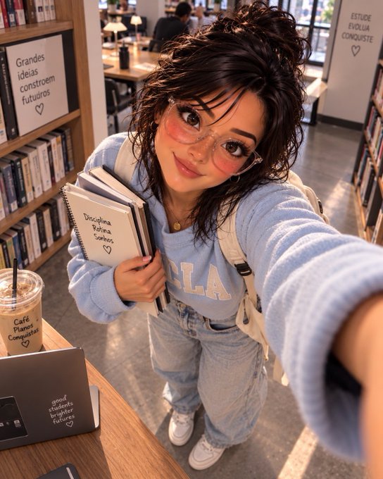 An illustrated selfie of a smiling young woman with glasses in a bookstore, wearing a blue 'UCLA' sweatshirt and holding a stack of notebooks.