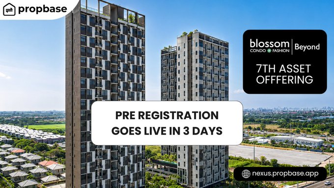 The image features a city skyline with two tall buildings side by side. The text "pre registration goes live in 3 days" is displayed below the photo, indicating that the property listing has been posted for sale or rent. The caption also mentions that this property offers long-term asset appreciation and rental income potential.