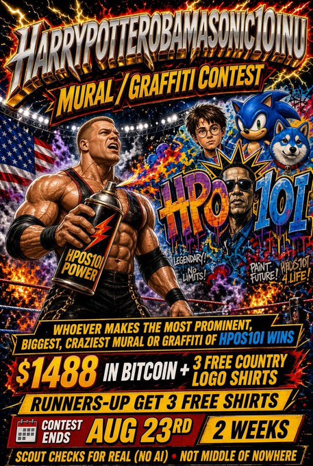 A vibrant promotional poster advertises a "HarryPotterObamasonic10inU" mural/graffiti contest featuring WWE's The Rock holding "Hpos101 Power" spray paint alongside Harry Potter, Sonic, and a Doge mascot, offering "$1488 in Bitcoin" as the top prize with submissions due by August 23rd. The post highlights the cash prize opportunity, calling for artists to submit verifiable mural work videos for a chance to win nearly $1500.