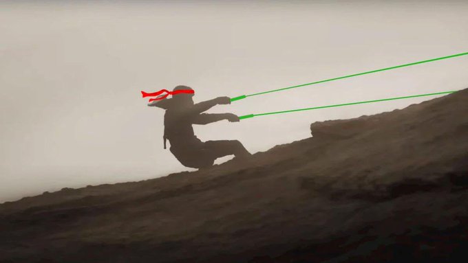 The image shows a silhouette of a person climbing a steep slope while gripping ropes, with a red bandana flying behind them. The composition symbolizes the determined struggle and ascent to victory, metaphorically reinforcing the post's declaration that "Sui is definitely winning" in the finance space.