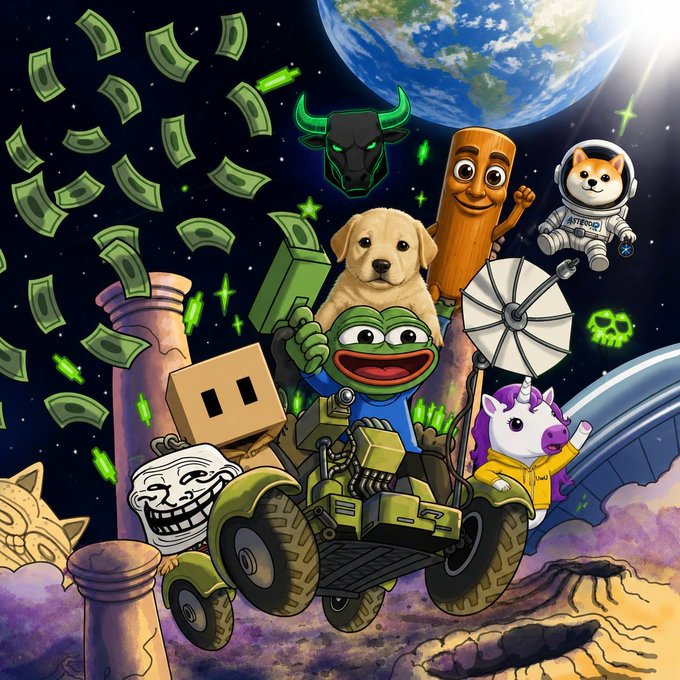 A vibrant space-themed illustration featuring a character in an ATV, surrounded by floating money, a dog, a Shiba Inu in an astronaut suit, a trollface, and Earth in the background.
