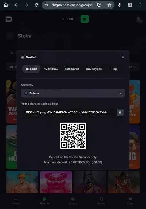 The image shows a Degens.com casino wallet deposit screen for Solana, displaying a balance of $0.00 and a minimum deposit of 0.01314535 SOL (~$1.00). The "rare" detail referenced in the post is likely the unusually precise minimum deposit amount of $1.00.