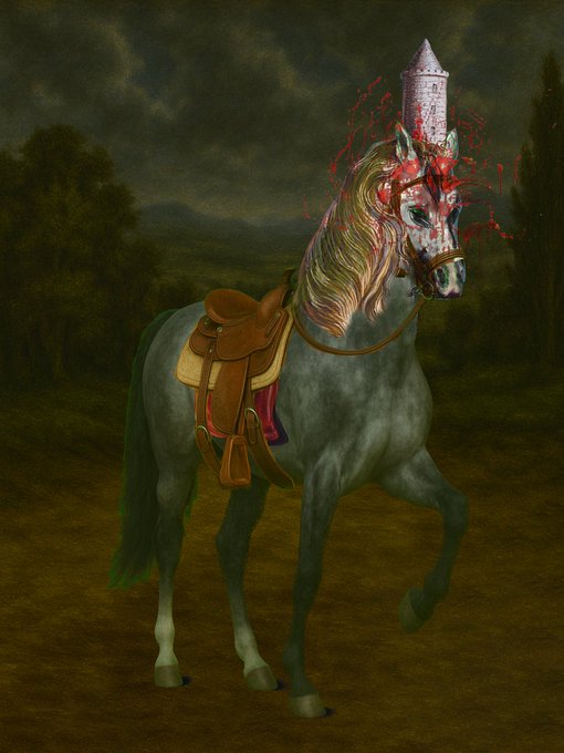 A saddled gray horse with red splatters erupting from its head, where a stone tower emerges instead of a normal skull. The surreal, dark-toned artwork fits the "horse NFT" search, presenting a bizarre, otherworldly creature likely created as digital collectible art.