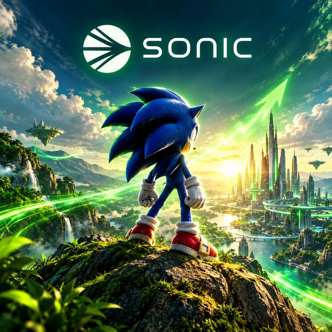 Sonic the Hedgehog stands on a mossy cliff overlooking a futuristic city with glowing green trails, beneath a 'SONIC' logo.