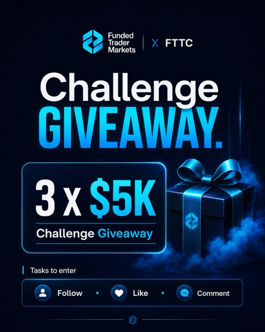 The image is a promotional graphic for a "Challenge Giveaway" by Funded Trader Markets in partnership with FTTC, offering 3 x $5K challenges, with entry tasks to follow, like, and comment. It visually supports the post's message by emphasizing the giveaway prize and the limited time remaining ("2 more days") to participate and start trading with the prop firm.