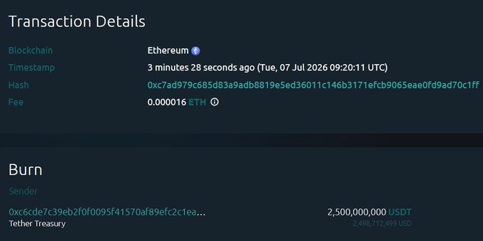 The image shows a transaction details page confirming a 2,500,000,000 USDT burn on the Ethereum blockchain, with 0.000016 ETH fee, sent by Tether Treasury (0xc6cde7c39eb2f0f0095f41570af89efc2c1ea...). This visual evidence directly supports the claim that $2.5 billion in USDT was burned, though the image itself only confirms the burn transaction—not the speculation about a "big shot" exiting crypto.
