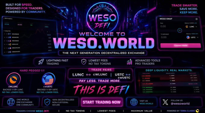 A promotional webpage for 'WESO.WORLD' and 'WESO DeFi' displaying it as 'THE NEXT GENERATION DECENTRALIZED EXCHANGE' with trading pairs like LUNC and USTC.