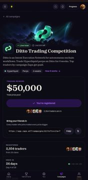 A screenshot of a 'Ditto Trading Competition' webpage showing a $50,000 prize pool, 2,254 traders, and 21 days remaining.