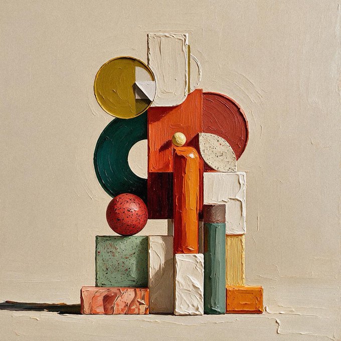 A sculptural still life of stacked geometric blocks and shapes in earthy tones—terracotta, teal, ochre, and cream—stands against a neutral beige background, their textured, painted surfaces evoking the tactile, constructivist aesthetic that defines the "blockworks" concept.