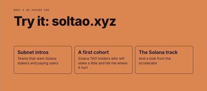 An orange promotional graphic with the text 'WHAT I AM ASKING FOR', 'Try it: soltao.xyz', and three labeled sections: 'Subnet intros', 'A first cohort', and 'The Solana track'.
