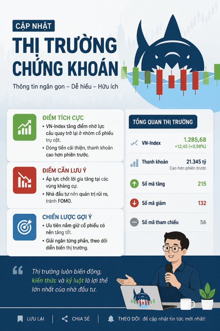 Vietnamese stock market infographic titled 'CẬP NHẬT THỊ TRƯỜNG CHỨNG KHOÁN' showing VN-Index at 1,285.68 (+0.98%) with 215 gainers and 132 losers.