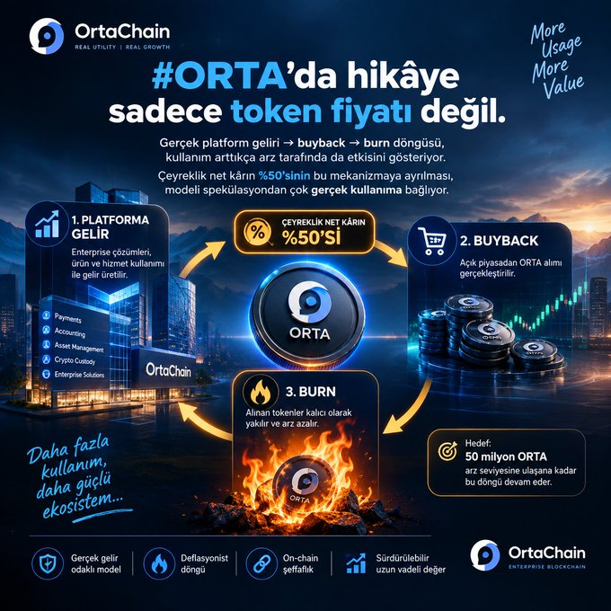 An infographic for "OrtaChain" titled "#ORTA'da hikâye sadece token fiyatı değil," illustrating a three-step economic cycle of Platform Revenue, Buyback, and Burn involving ORTA tokens.