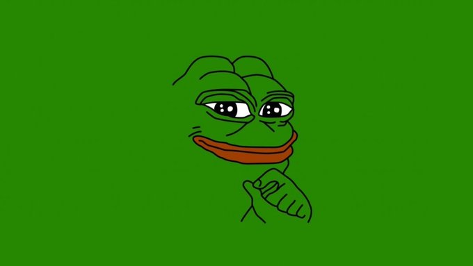 The image shows a smiling Pepe the Frog character giving a thumbs-up against a green background, visually reinforcing the post's sentiment of optimism after buying the dip in $PEPE cryptocurrency. The character's approving gesture and cheerful expression embody the classic "Feels good man" meme referenced in the caption.