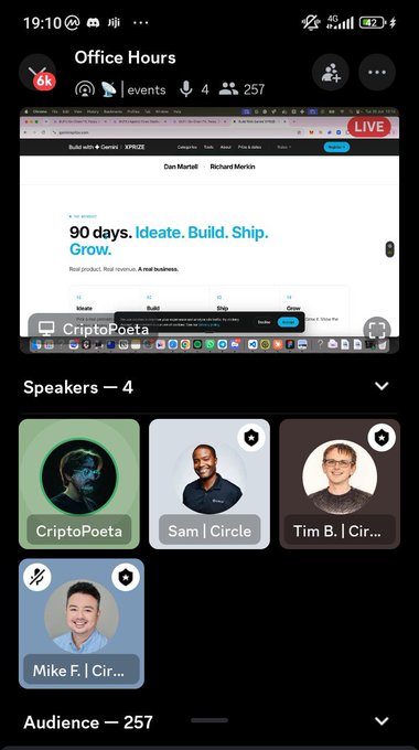 A mobile screenshot of an 'Office Hours' livestream event with 257 audience members, showing speakers CriptoPoeta, Sam, Tim B., and Mike F., with a presentation slide reading '90 days. Ideate. Build. Ship. Grow. Real product. Real revenue. A real business.'