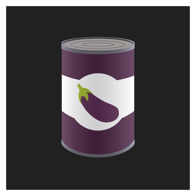 An illustration of a purple and white canned food label featuring a picture of an eggplant on a black background.