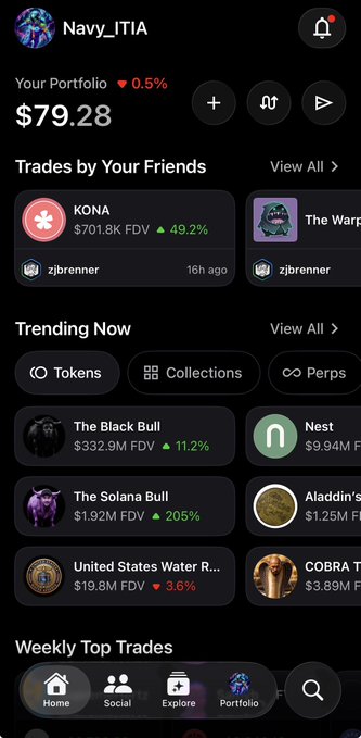 A mobile screenshot of the OpenSea app showing user Navy_ITIA's portfolio valued at $79.28 (down 0.5%), with trades by friends featuring KONA up 49.2% and a "Trending Now" section highlighting The Black Bull, The Solana Bull (+205%), and United States Water R... (-3.6%). The image illustrates the app's mobile NFT trading features that the post praises for being smooth and fully functional.