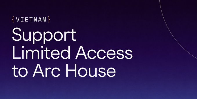 A purple background displays text reading '{VIETNAM} Support Limited Access to Arc House' in white and green lettering.
