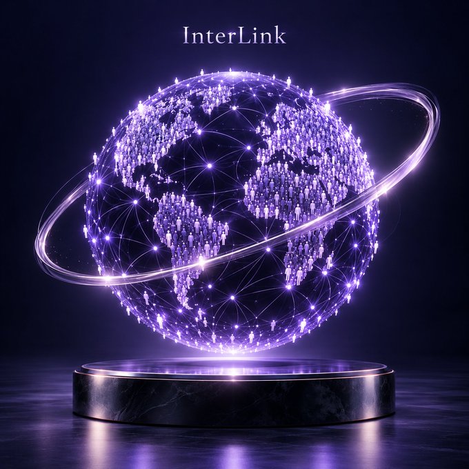 A glowing purple and blue digital globe made of human figures connected by network lines sits on a circular pedestal with the word 'InterLink' above it.