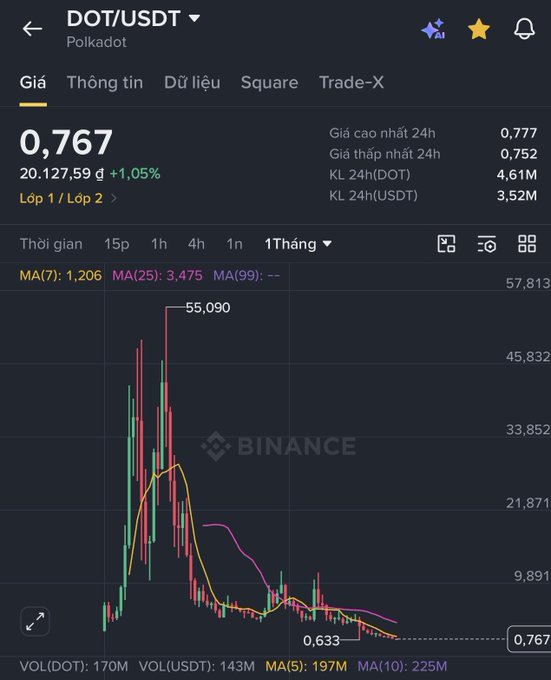 A Binance mobile app screenshot showing the DOT/USDT (Polkadot) trading pair at 0.767 USDT, displaying a 1-month candlestick chart with moving averages (MA7, MA25, MA99) and 24h high/low stats.