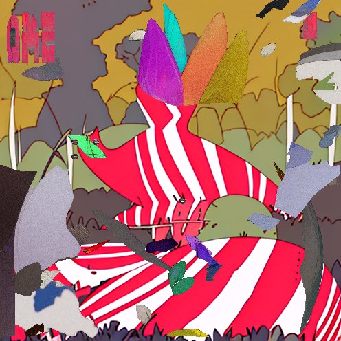 A colorful, chaotic digital illustration features a striped red-and-white character holding a paintbrush, surrounded by vibrant paint splatters and abstract shapes.