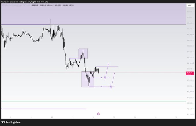A TradingView chart of MacroXBT shows BTC/USD on a daily timeframe trading at 63,875.2 (-140.4, -0.22%) on August 12, 2026, with purple shaded boxes highlighting key supply zones and arrow annotations projecting a potential bearish move to lower support levels around 62,400-63,200 before any bullish structure shift can occur, aligning with the post's plan for "more downside first."