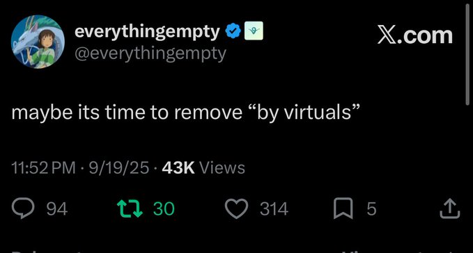 A tweet from @everythingempty reading 'maybe its time to remove "by virtuals"' posted at 11:52 PM on 9/19/25, with 43K views, 94 replies, 30 retweets, 314 likes, and 5 bookmarks.