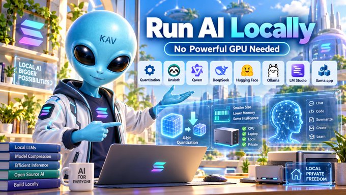 Promotional graphic for 'Run AI Locally' featuring a blue alien character named KAV, highlighting features like Quantization, Unsloth, Qwen, DeepSeek, Hugging Face, Ollama, LM Studio, and llama.cpp, with the tagline 'No Powerful GPU Needed.'