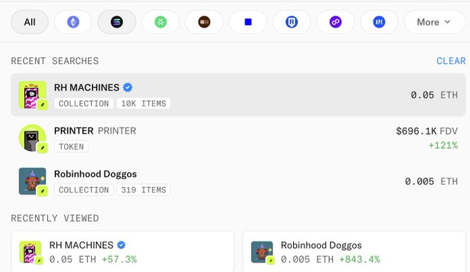 A screenshot of an NFT marketplace search results for 'OpenSea' shows 'RECENT SEARCHES' including 'RH MACHINES' collection (10K items, 0.05 ETH), 'PRINTER PRINTER' token ($696.1K FDV, +121%), and 'Robinhood Doggos' collection (319 items, 0.005 ETH), along with 'RECENTLY VIEWED' items showing gains of +57.3% and +843.4%.